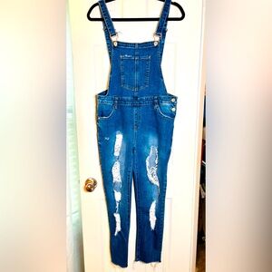 I&M Jeans, Inc. High Waisted Distressed Jean Overalls - Sz L